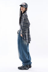 Deep side fold balloon denim pants