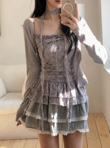 BN チェック フリル ビスチェ＋カーディガン＋タイ セット (3color)