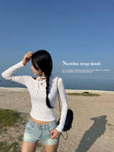 Unbuttoned off-shoulder halter strap long sleeve T-shirt (3 colors)