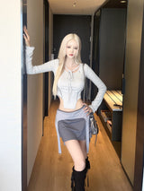 1208. Eyelet ribbon curved crop T (2color)