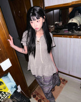 (2color) Eyelet Frill Tiered Rib Short Sleeve Tee