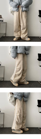 Hey three-line track fleece banding wide pants