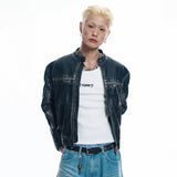 Washed Line Leather Jacket - BLACK