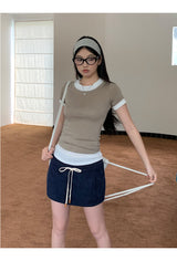 Navy drawstring terry mini skirt