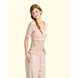 [GirlyFancyClub] Comfortable Lyocell Hollow Lace Patch Pink Sweet and Spicy Hooded Slim Fit T-shirt Top