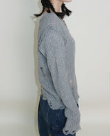 ラバーVネックダメージカットポイント長袖ニット (wool material)