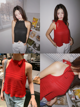 ホルターストラップレッドフレアドスリーブレスtシャツ