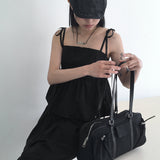 Tid pintuck flare ribbon string tank top blouse