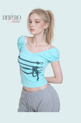 Rope Mint Shirring Off-Shoulder Short Sleeve T-Shirt