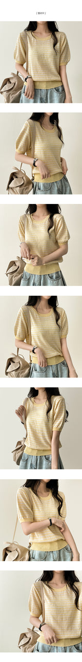 Lean-Linen カラーストライプダンガラ半袖ニット [Round Neck & V-Neck]