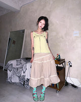 (2color) Scarf Slub Stripe Lace Tiered Skirt