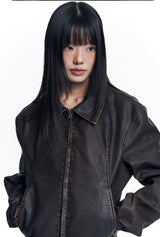Washed Leather Crop Jacket - Brown