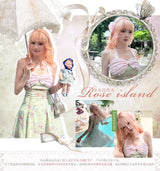 ROSE ISLAND ホルターネックライトピンク&グリーンフローラルワンピース