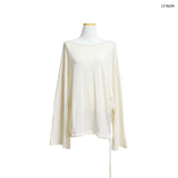 (3color) Ribbon Deep Slit Loose Fit Summer Long Sleeve Tee