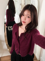 Round Loose Crop Shaggy Knit Cardigan (6color)