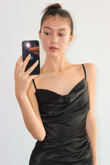 COWL NECK SHIRRING SATIN MIDI DRESS / BLACK