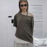 キュービックオフショルダー半袖Tシャツ_KHAKI