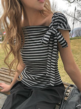 スコン ストライプ プレーン ワンショルダー リボン ショートスリーブ Tシャツ