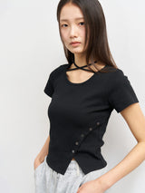 【即日発送】button slit string half t-shirts