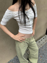 フラワーツーピースオフショルダーボタンショートスリーブTシャツ