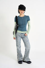 Sage cross lace denim pants