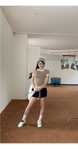 Navy drawstring terry mini skirt