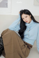 Sky blue high-neck button long-sleeved knitwear