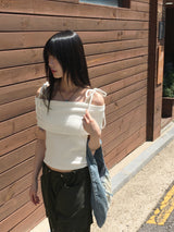 Sirom Ribbon Strap Ribbed Off Shoulder Short Sleeve T-Shirt