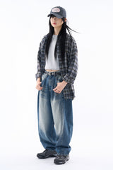 Deep side fold balloon denim pants
