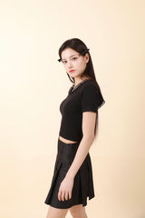 Lace V-neck Crop T-shirt Black