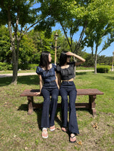 Selvedge denim spandex high waist bootcut pants (Denim)