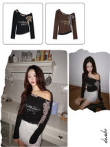 レオパードスカーフアンバランスオフショルダーロングスリーブTシャツ