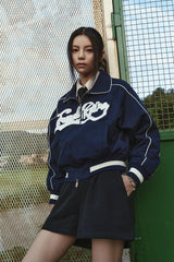 (W) CROP BIG LOGO PIPING BLUESON - NAVY