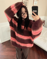 Hazy Hairy Stripe Loose Rose-Fit Knit