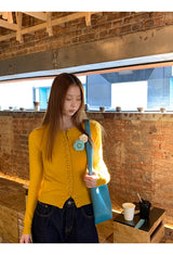 Flower Broach Yellow Round Cardigan