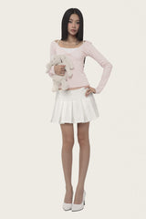 Hugging ribbon pleated skirt, White