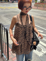 Tie set leopard print dot bustier long blouse