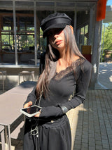 wool base lace V-neck long-sleeved t-shirt