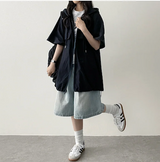 スプンリネンストリングボクシー半袖フーディドジップアップ