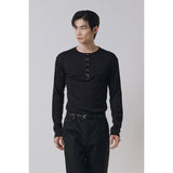 Leather ribbed henry neck long sleeves(Black)