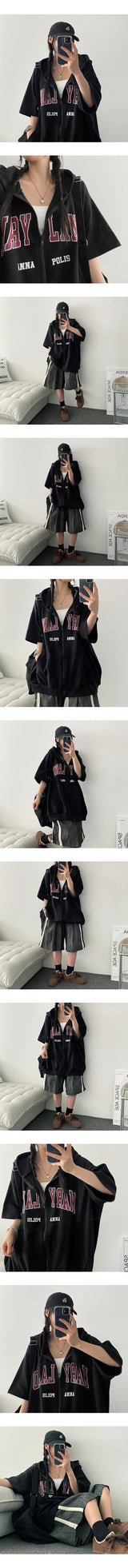 Mary Boxy Short Sleeve Hooded Zip-Up
