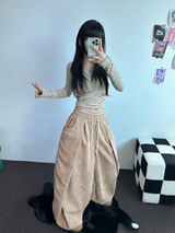 フリース❤フロントサイドバルーンコーデュロイバルーンロングパンツ 🤎💛🖤🩶🩷6カラー