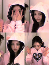 EatmePlz Newjeansカン·ヘチョンのようなヘリン·ピンクベアハートオボピッ長い腕フードジャンパーです
