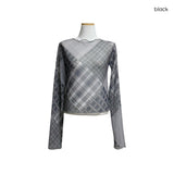 (2color) Sheer Patchwork Check Mesh Wave Tee