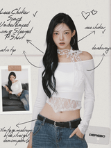 Lace Choker Scarf Unbalanced Long-Sleeved T-Shirt