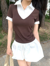 Cafe Layered Pintuck Shirt Brown Short Sleeve Tee (Brown)