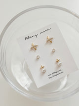 [3-Set] Simple Cross Pearl Earring Set / Daily Cubic Mini Wedding Guest Look