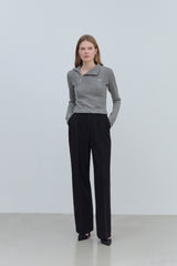 PINTUCK WIDE WOOL SLACKS PANTS - BLACK
