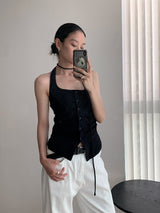 Single buckle ホルターネックレースアップノースリーブ Tシャツ