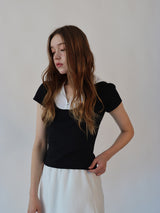 レースジップカラー半袖パフTシャツ(black)